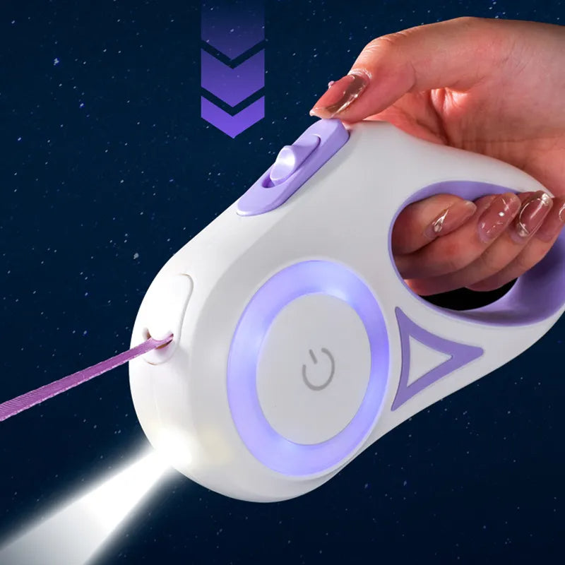 LED Retractable Dog Leash - 5M, One-Hand Brake & Lock System