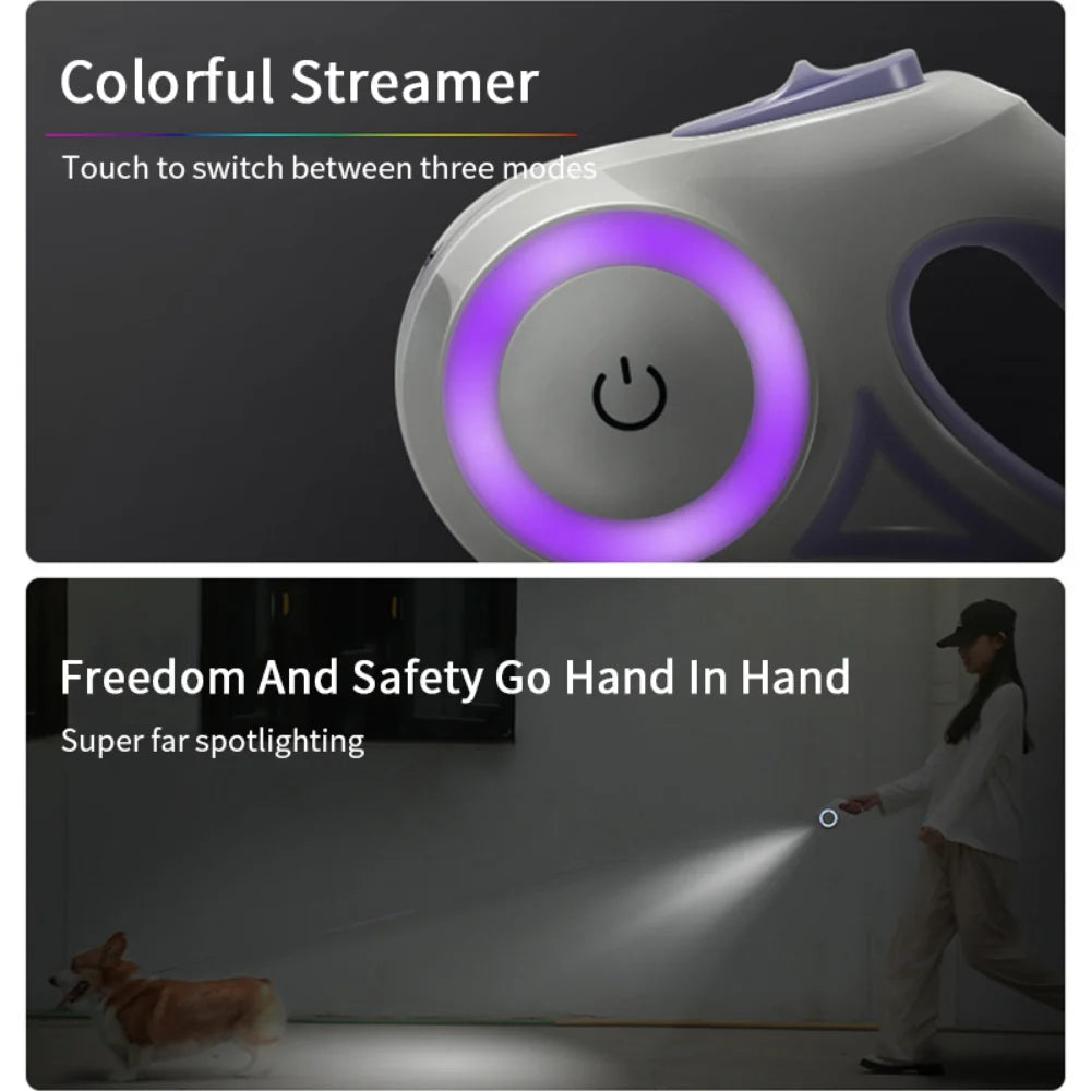 LED Retractable Dog Leash - 5M, One-Hand Brake & Lock System