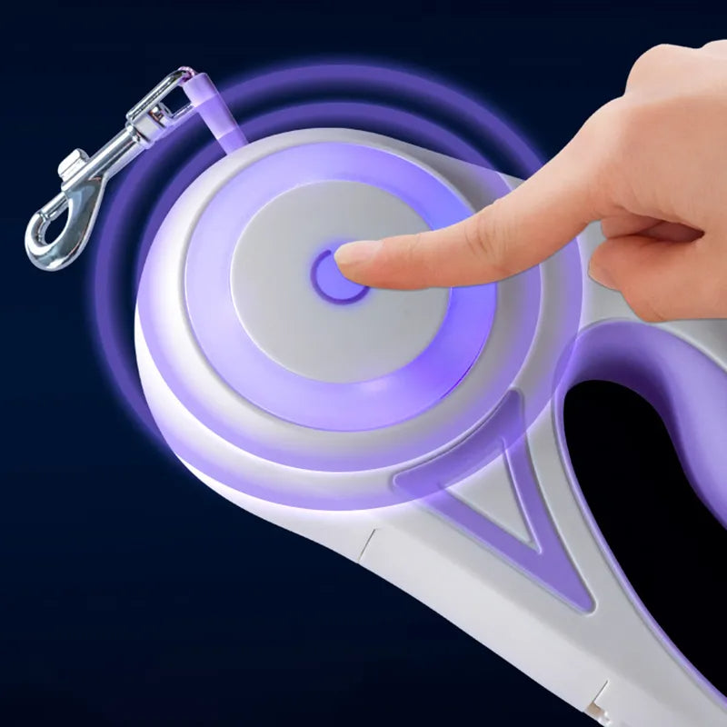 LED Retractable Dog Leash - 5M, One-Hand Brake & Lock System
